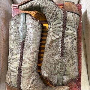 Corral Turquoise and Brown Engraved Lace Tube Cowboy Boots